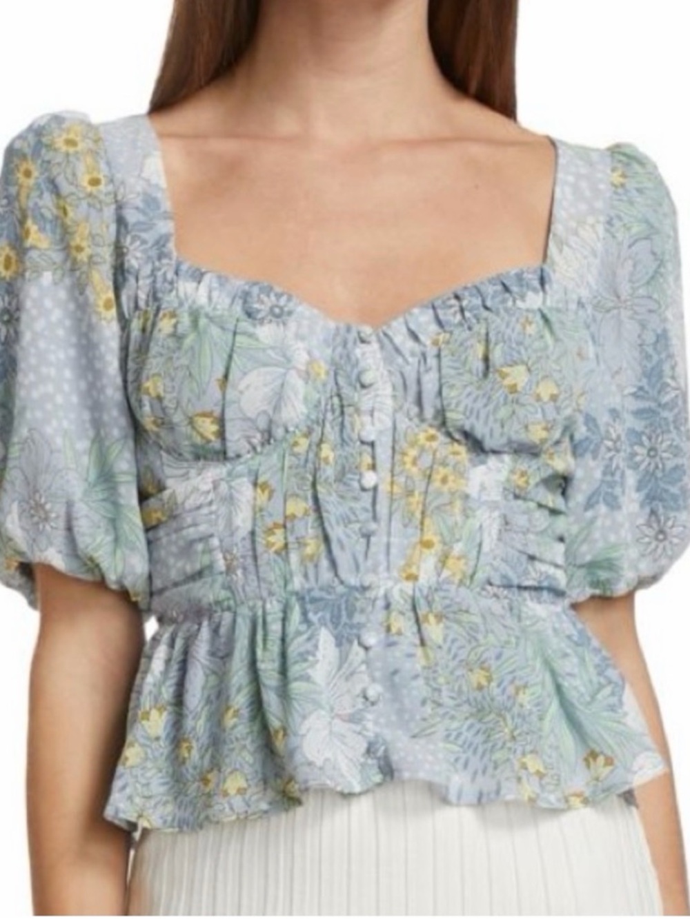 Astr Floral Puff-Sleeve Square-Neck Peplum Top - Light Blue & Yellow